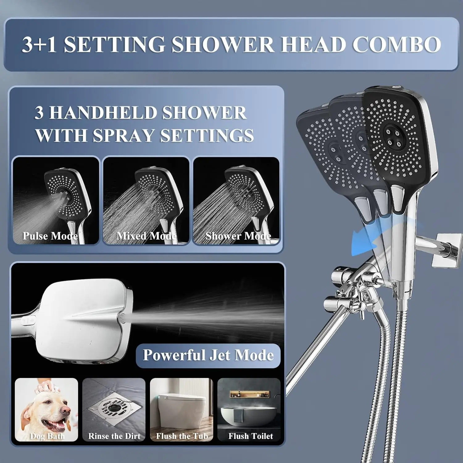 12 Inch Dual Shower Head Combo with Handheld Spray, High Pressure Rainfall and Adjustable Extension Arm