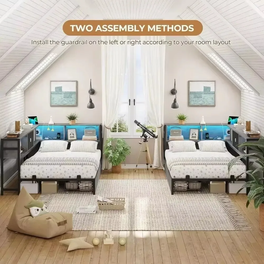 Estrutura de cama de canto com estante e luz LED, estrutura de cama de plataforma de metal de tamanho duplo, com espaço de armazenamento para quarto e quarto de hóspedes