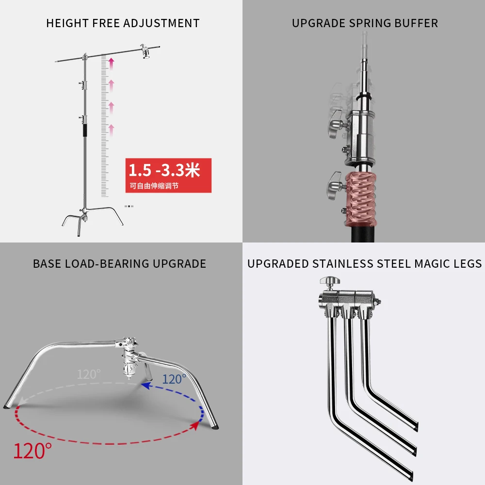 C-Stand Photography Stand Stainless Steel with Hold Arm and Grip Head Upgraded Max Height 260cm with One Adjustable Magical Leg