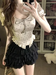 Summer Sweet Elegant Skirt Suit Women Kawaii Design Polka Dot Print Bow Tops +  Y2k Gothic Ruffle Mini Cake Skirts 2 Piece Set