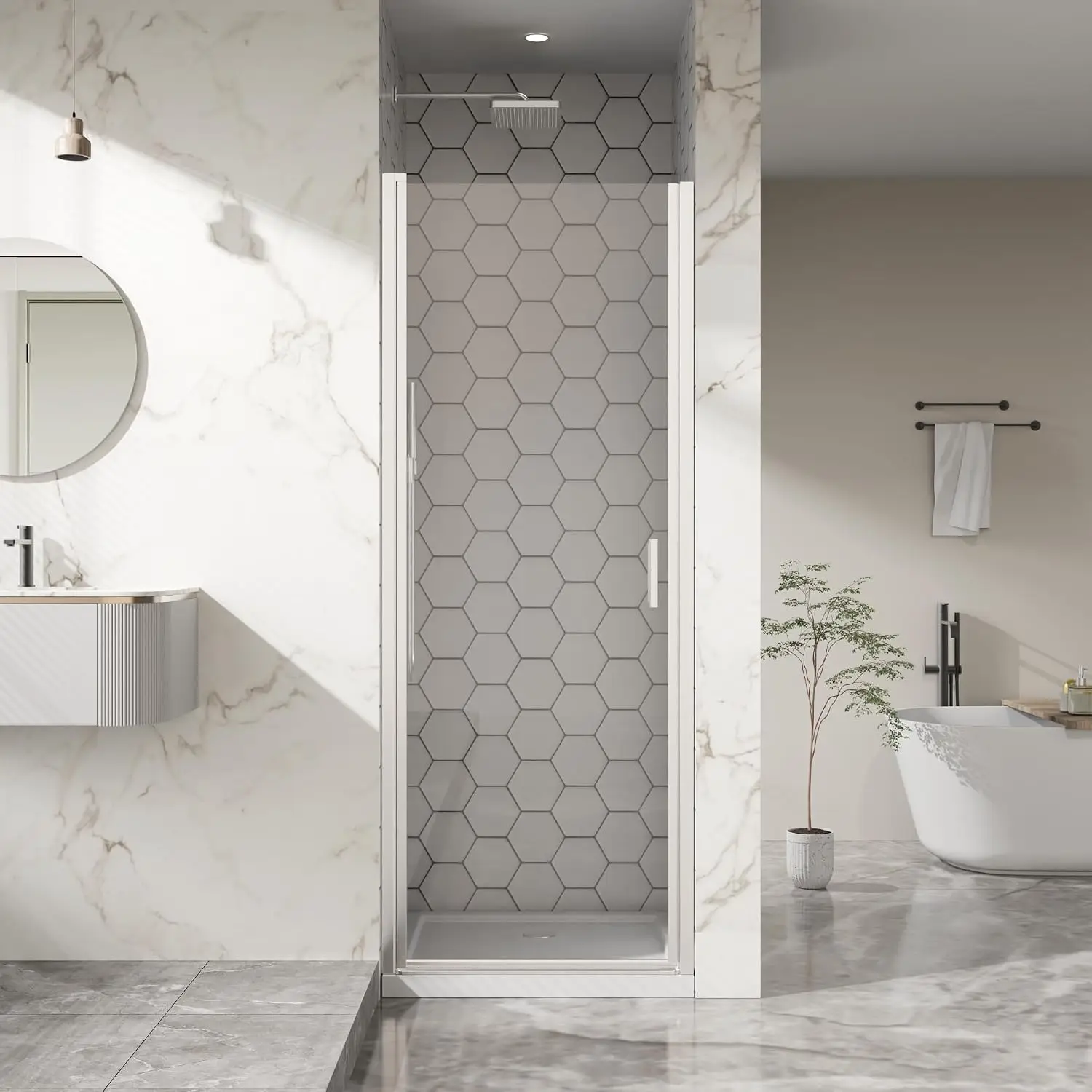 28” x 72” Pivot Shower Door, 1/4 inch Tempered Glass Panel Pivot Swing Shower Door in Chrome Finish, Semi-Frameless Design