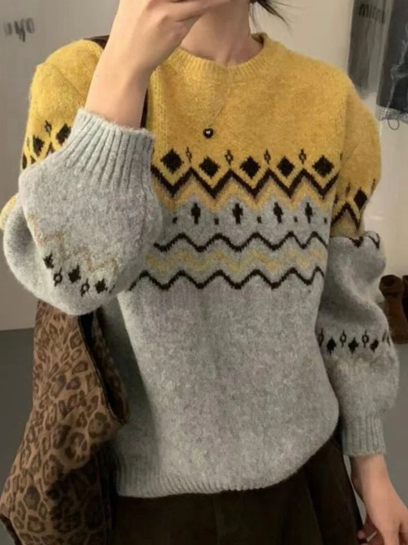 Retro Korean Style Knitted Sweater Women's Inner Wear Base Layer Autumn Winter New Style Color Block round Neck Pullover Top