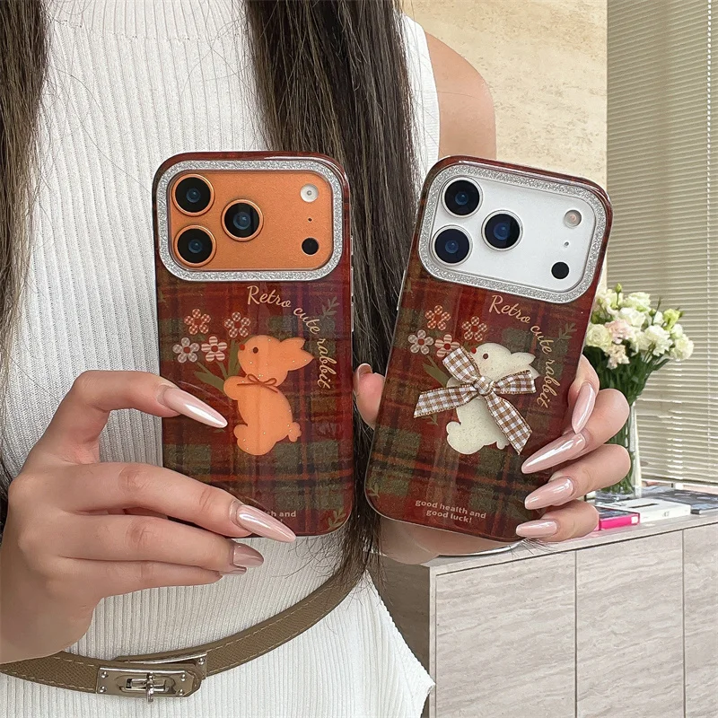 

Чехол для телефона с милым кроликом и цветком в стиле ретро для iPhone 17 Pro 15 14 16 Pro Max, задняя крышка Kawaii, противоударные чехлы с мультяшным рисунком
