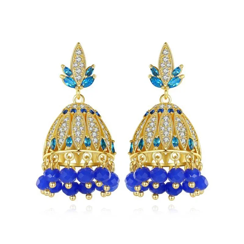 البوهيمي الهندي المرأة كريستال جرس الخرز الزركون قطرة استرخى القرط الزفاف Jhumka العرقية الغجر القبلية أقراط مجوهرات بوليوود #3