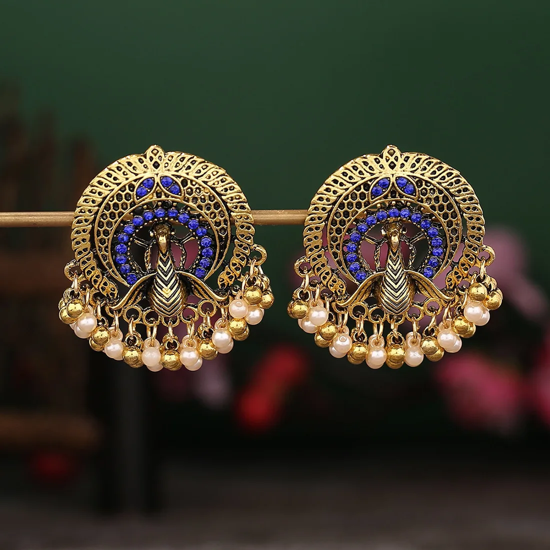 New retro peacock open screen shape inlaid pearl earrings fringed alloy earrings bohemian bell earrings