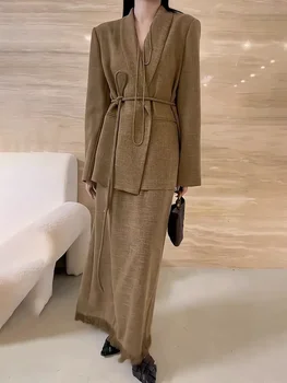 Unxx-女性用Vネックフリースブレザー,ロングスカートセット,ヴィンテージカジュアル,プレーンルーズコート,秋冬,2ピースセット,2022