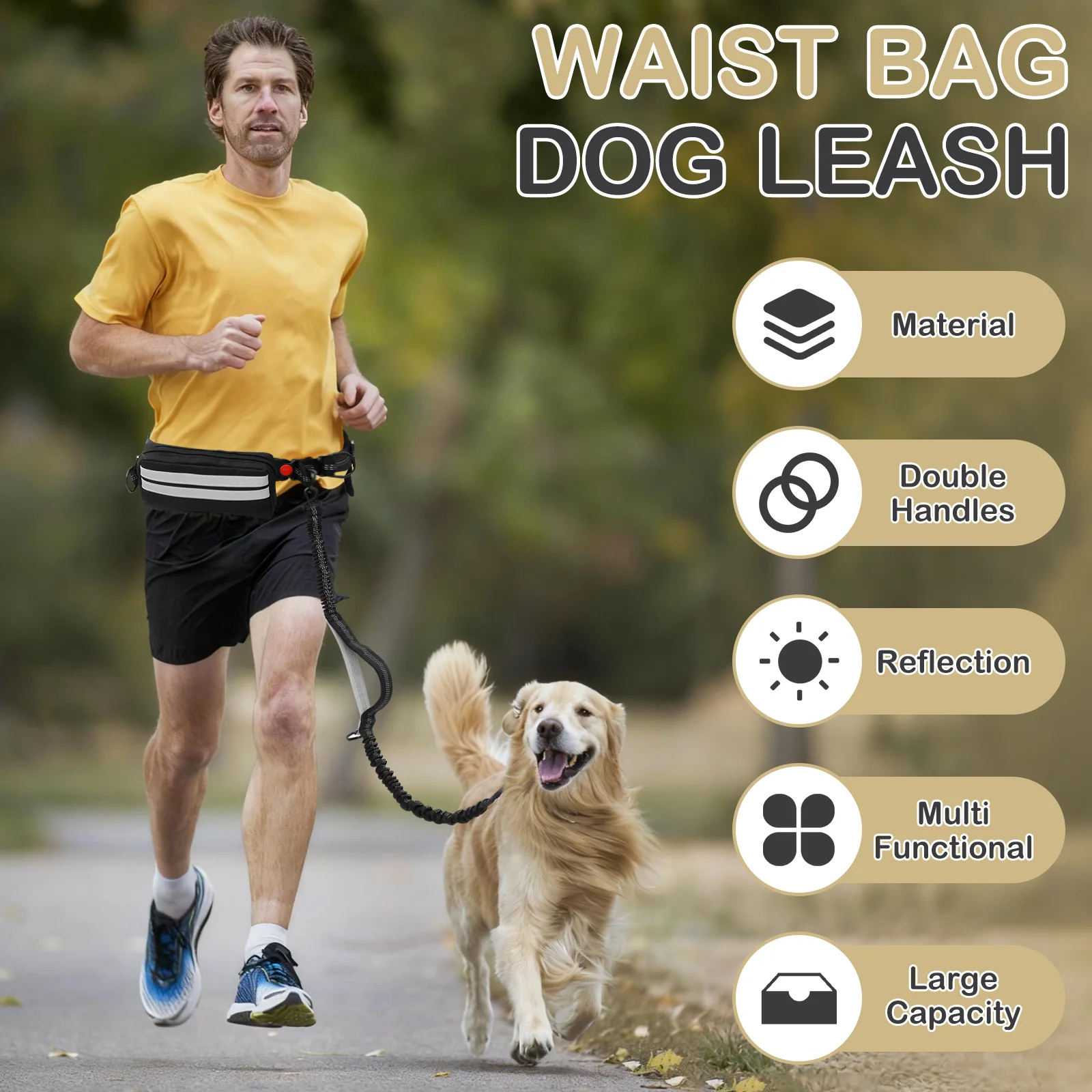 Hands Free Dog Leash for Running Walking Reflective Leash with Waist Bag Retractable Elastic Belt Dog Traction Rope Pet Produc