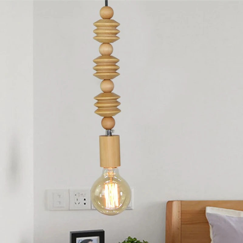 Retro Style Pendant Lights Oak Wooden Geometric Beads Pendant Lamp Dining Room Droplight Hanging Light Fixture WJ429