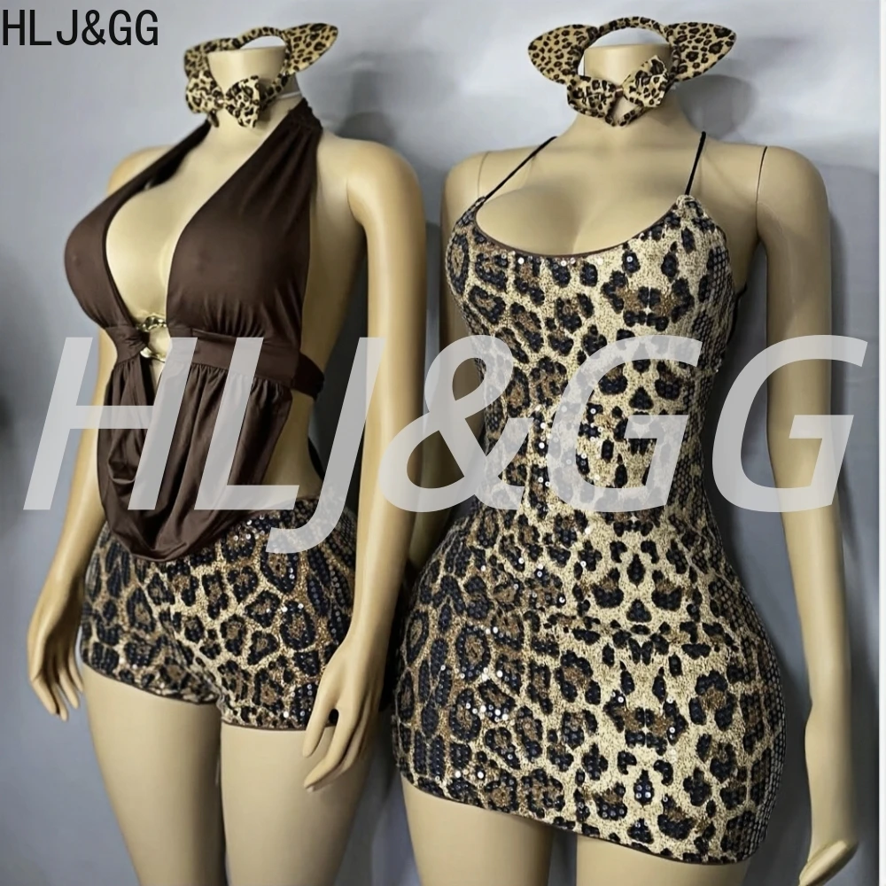 

HLJ&GG Fashion Y2K Sequin Leopard Shorts Two Piece Sets Women Halter V Neck Sleeveless Ruched Top And Shorts Outfits Streetwear