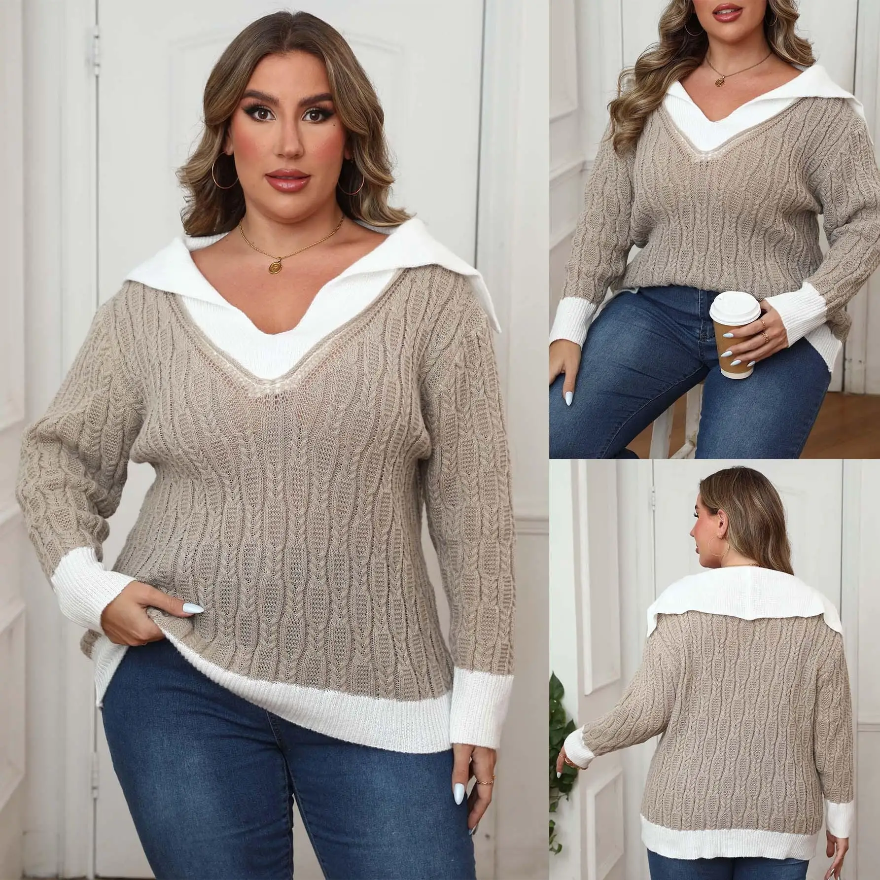 

Женский свитер оверсайз с отложным воротником, вязаный, средней толщины, зимний, модный, повседневный, с цветовыми блоками