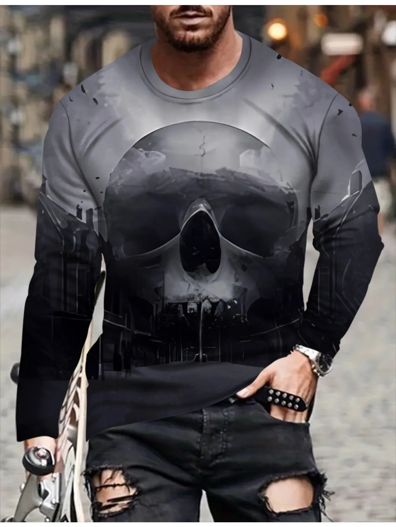 

​ ​ Мужская футболка Midnight Bloom с готическим черепом и розовым принтом темного тона и круглым вырезом, всесезонная, комфортная посадка ​