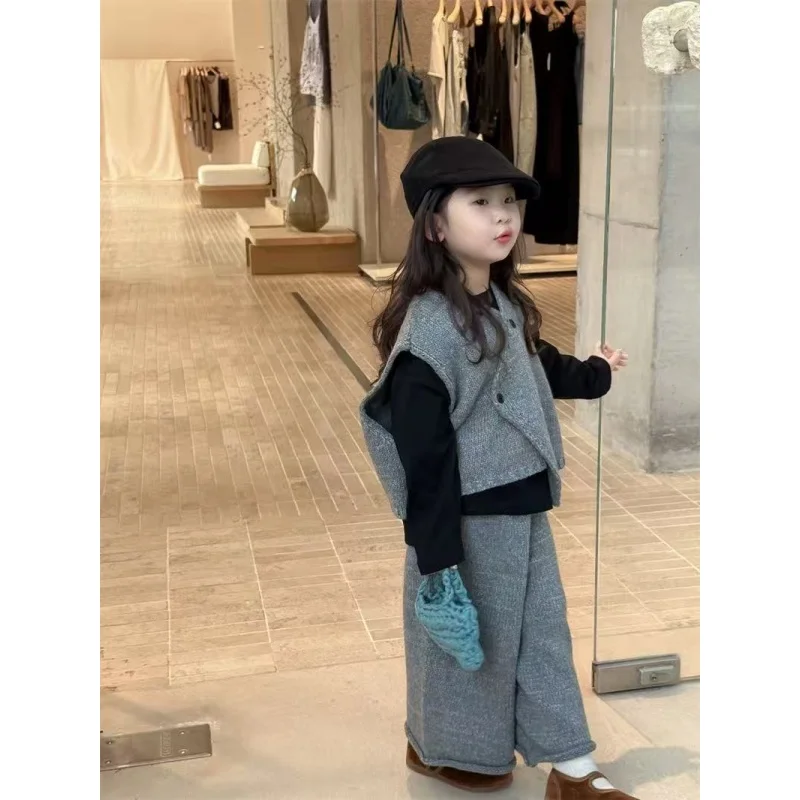 Spring and Autumn New Children's Clothing Korean Edition Girls' Fashion Casual Knitted Tank Top Wide Leg Pants Two Piece Set