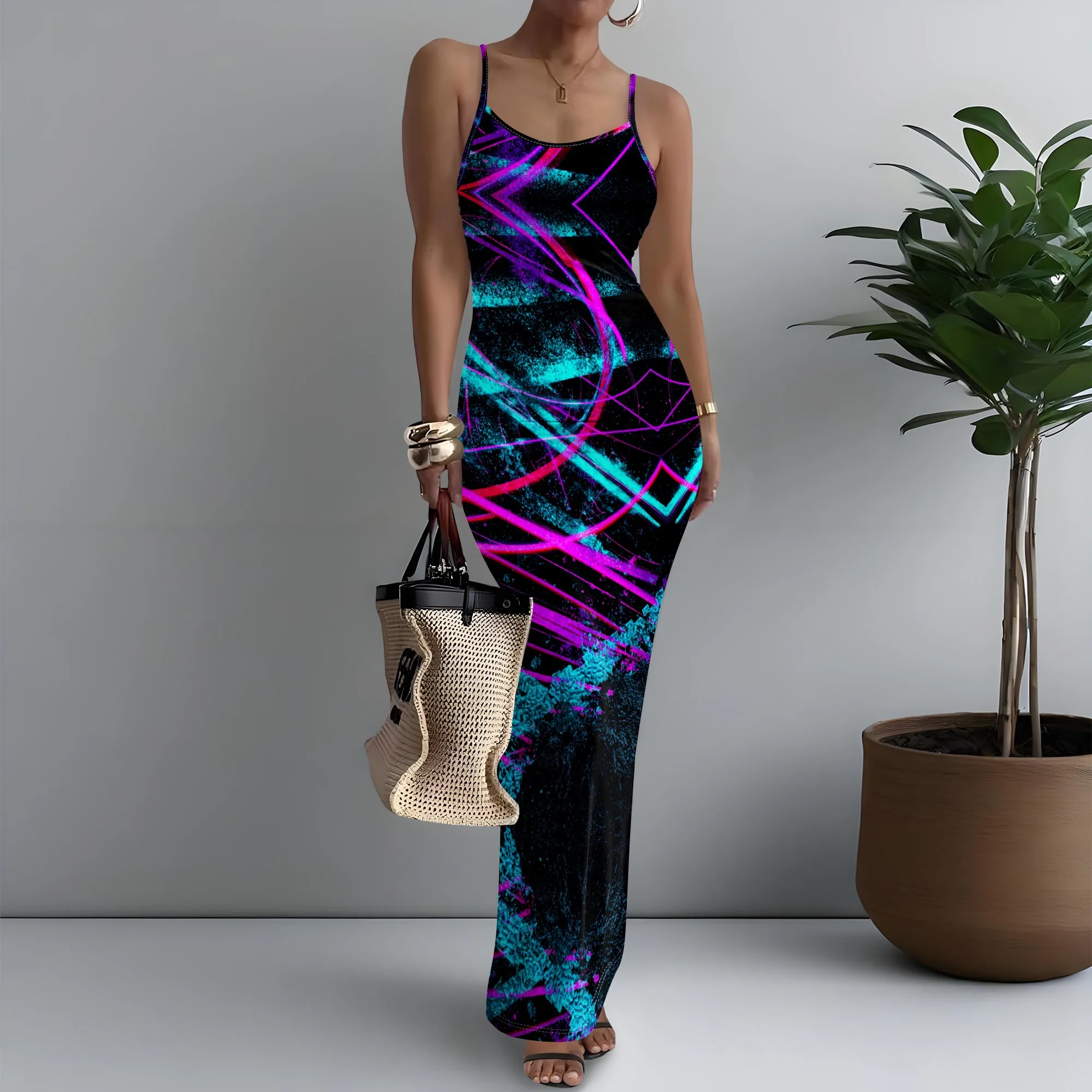 

Neon Geometric Print Maxi Dress XS-3XL | Spaghetti Strap, Trendy Night Out, Party & Festival Wear