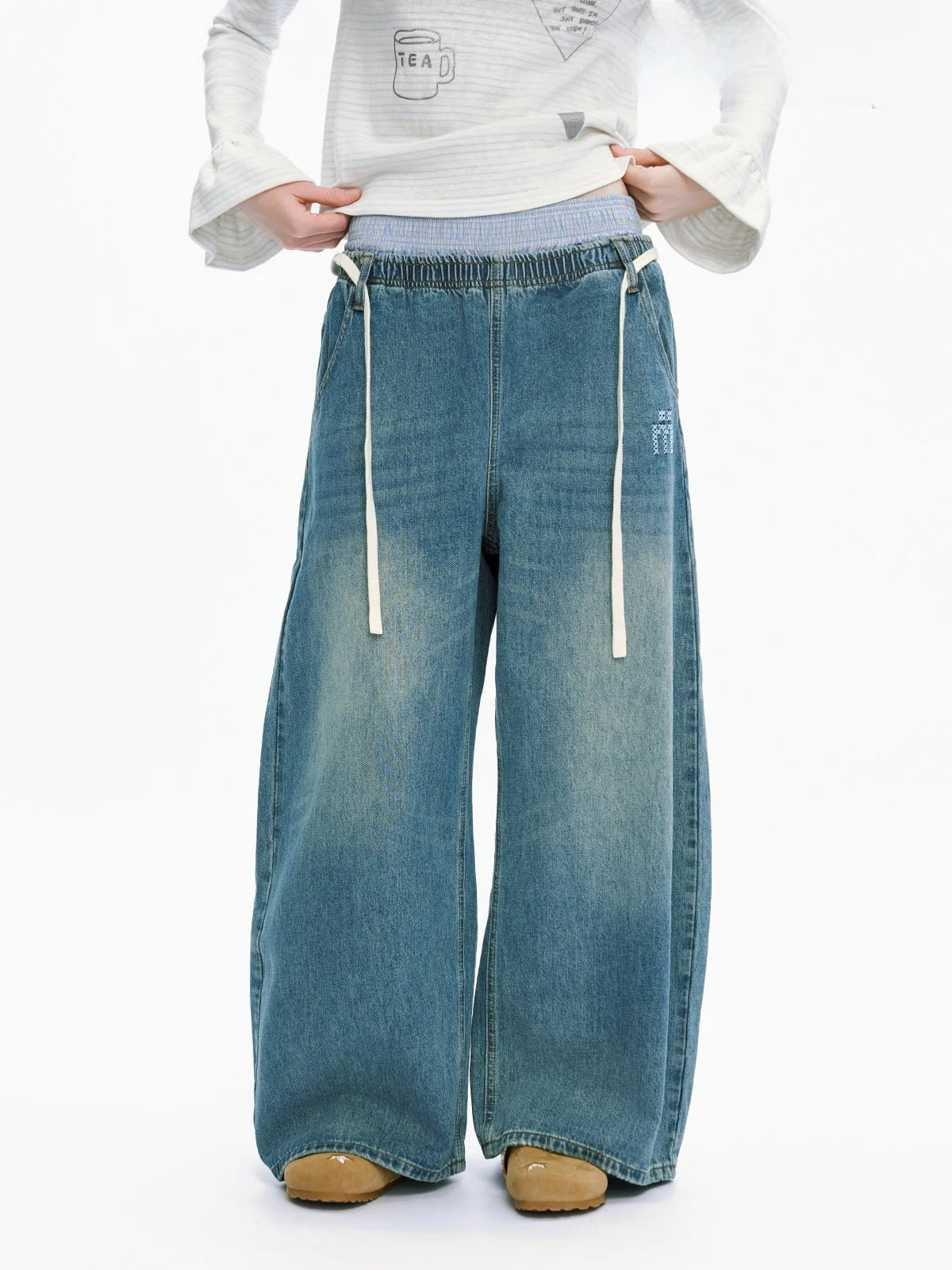 

Fashionable Drawstring Wide Leg Jeans Loose Slimming Casual Pants Spring 2026 New Arrival Ladies High Waist Straight Cut