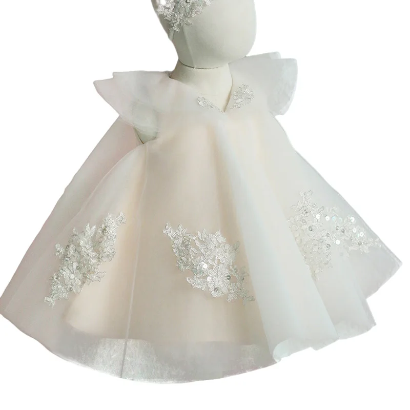 Baby Girls White Satin Empire Flower Girl Dress for Wedding Tulle 1st Birthday Communion Ceremonial Jubille Gown for Junior Kids