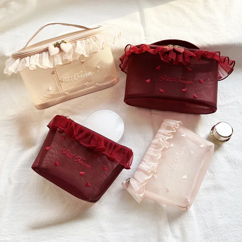 

Petit Trouver Mesh Love Embroidered Lace Portable Cosmetic Makeup Bag Cute Tissuecouple gift for valentine's day products