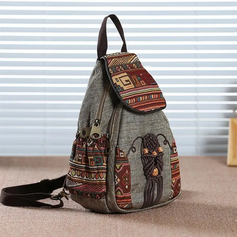 Handmade Backpack Women\'s Vintage Canvas Backpacks National Style Geometrical Printed Bag Female Simple Travel Backpack