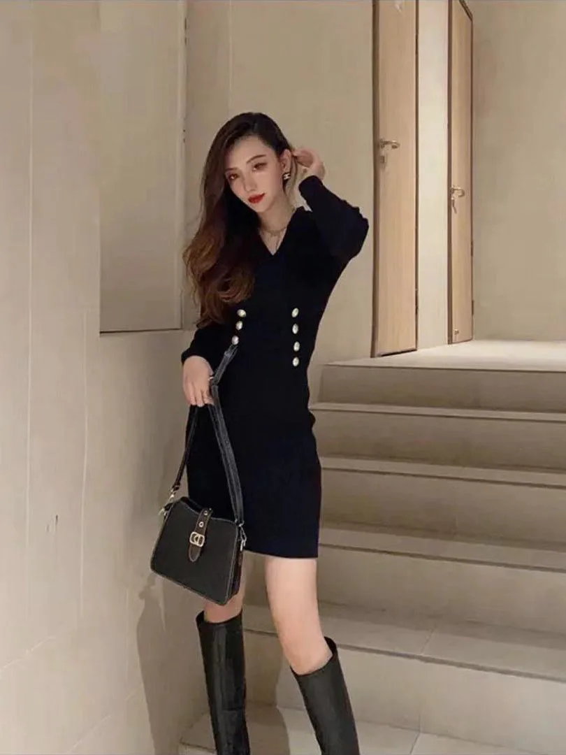 Ele v-ne malha dr feminino outono inverno novo sle pequena fraança vento cintura dentro camada base envoltório em torno da saia