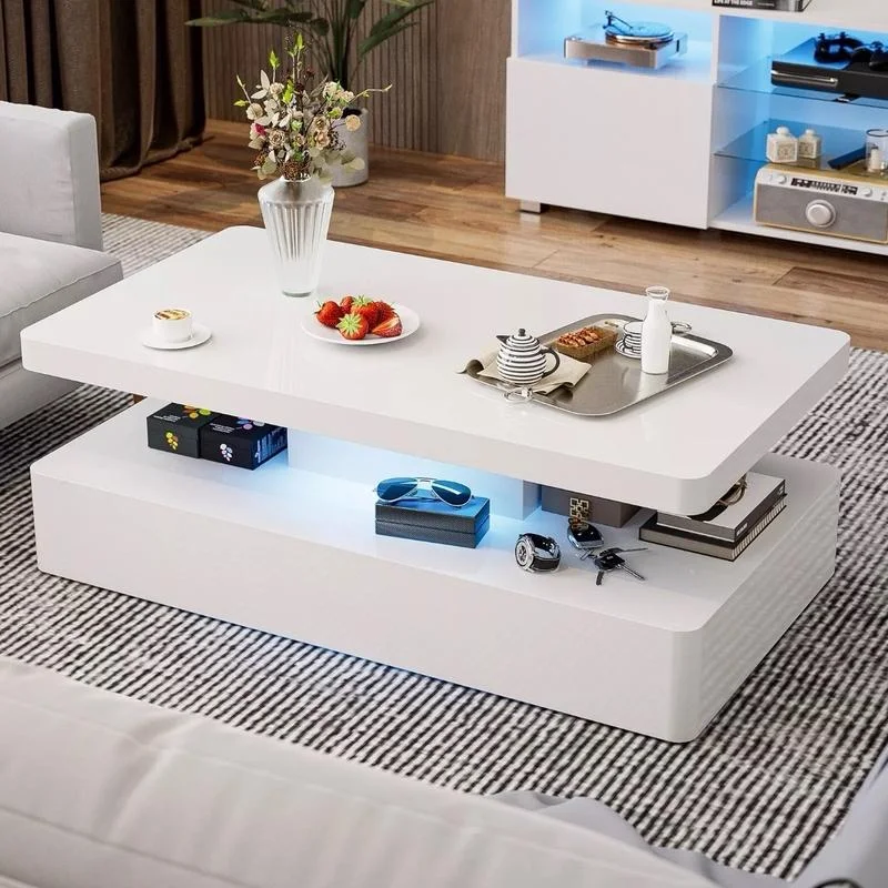 Modern High Glossy White Coffee Table with 16 Colors LED Lights,Rectangle Table.