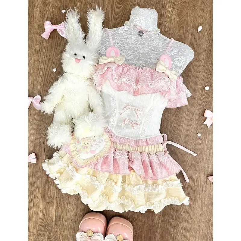 

Летний сладкий Лолита, новый комплект из двух предметов, женский кавайный милый комплект с бантом, кружевными оборками, укороченный топ, мини-юбка, женская корейская облегающая одежда Y2k