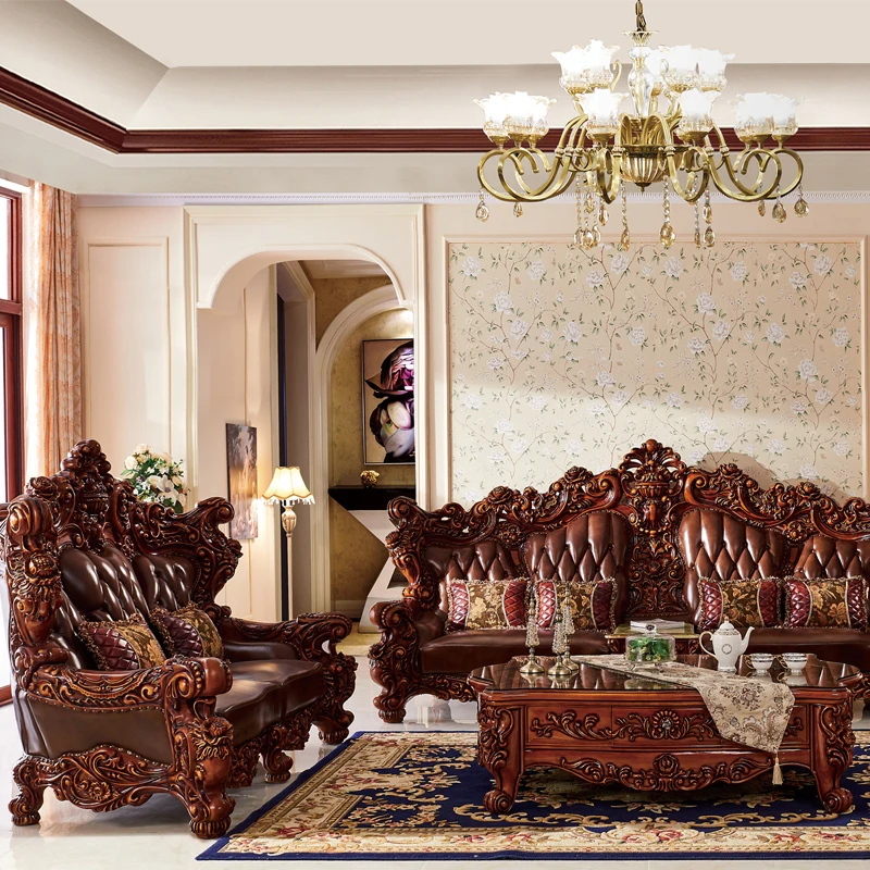 Domineering European handmade solid wood carved sofa luxury style genuine leather 1+2+4 sofa set