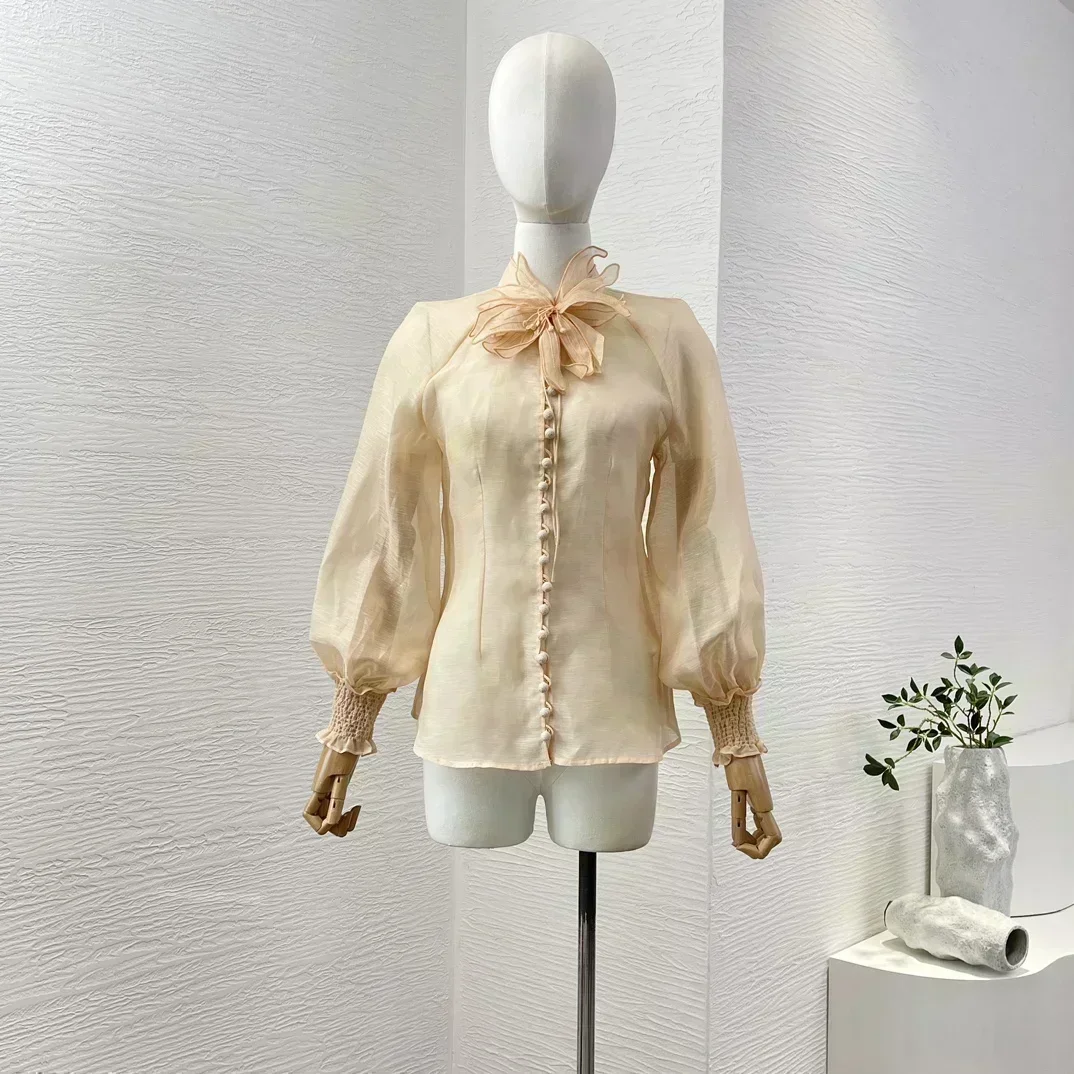 Beige Casual All Matching New High Quality Silk Linen Pure White Long Lantern Sleeve Flower Applique Blue Blouse for Women