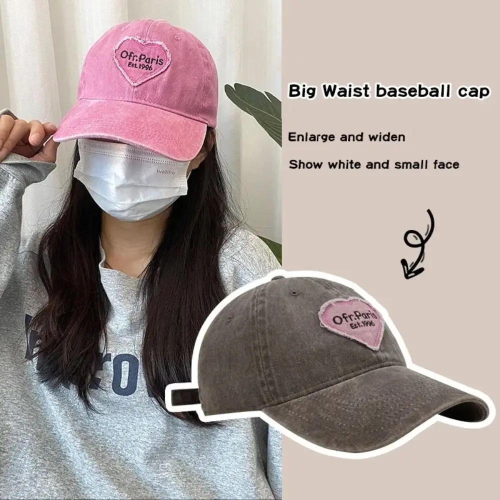 Retro Love Heart Embroidery Women Baseball Cap Solid Color Big Brim Snapback Hat Washed Cotton Y2K Style Couple Sun Hats