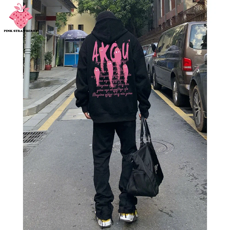 

Retro Hip-hop Black Plush Hoodies Men Autumn Winter 2025New Oversize Warm Long sleeves Pullover Sweatshirt Y2K Tops Men clothing
