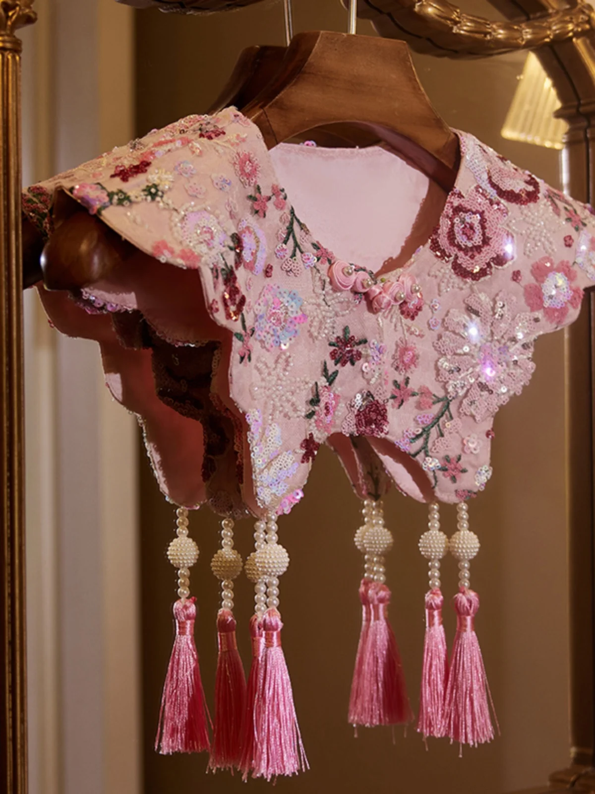 

Pink Chinese Sle Cloud oulder ort Jaet Ele Flower Embroidery Sequin Lace Versatile Small Outerwear Cowl Ne