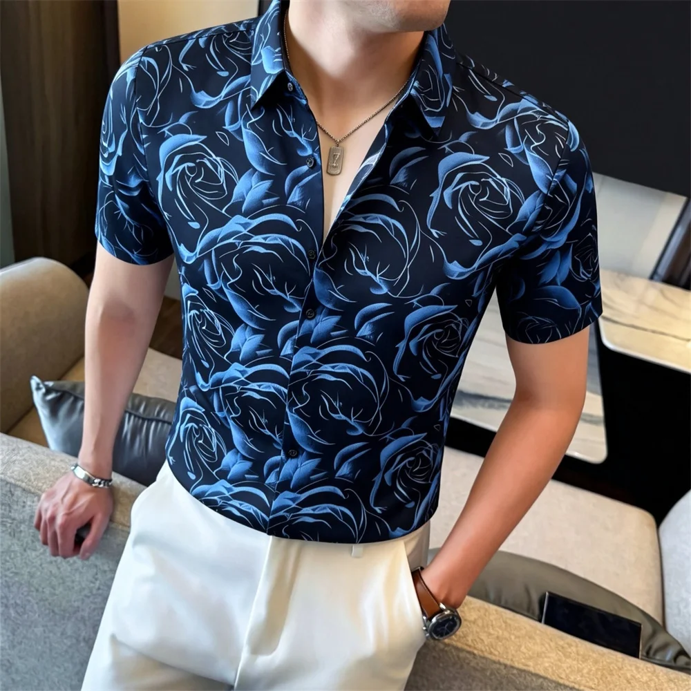 Vintage Men's Rose Flowers Printed Shirts Summer Short Sleeved Button Up Men Dress Shirt Stylish Hawaiian Man Shirt Blouses