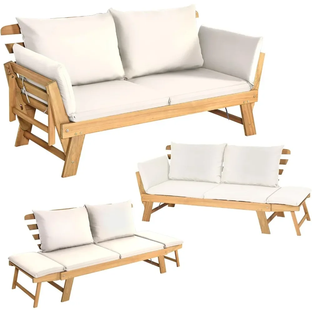 

Patio Convertible Couch Sofa Bed, Acacia Wood Chaise Lounger with Adjustable Armrest, Cushion & Pillows, Outdoor Daybed