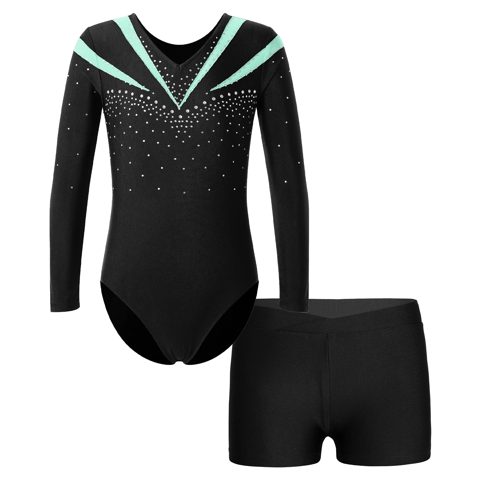 

Kids Girls Ballet Unitard Dance Costume Shiny Rhinestone Long Sleeve Leotard with V-front Shorts Athletic Gymnastic Dancewear