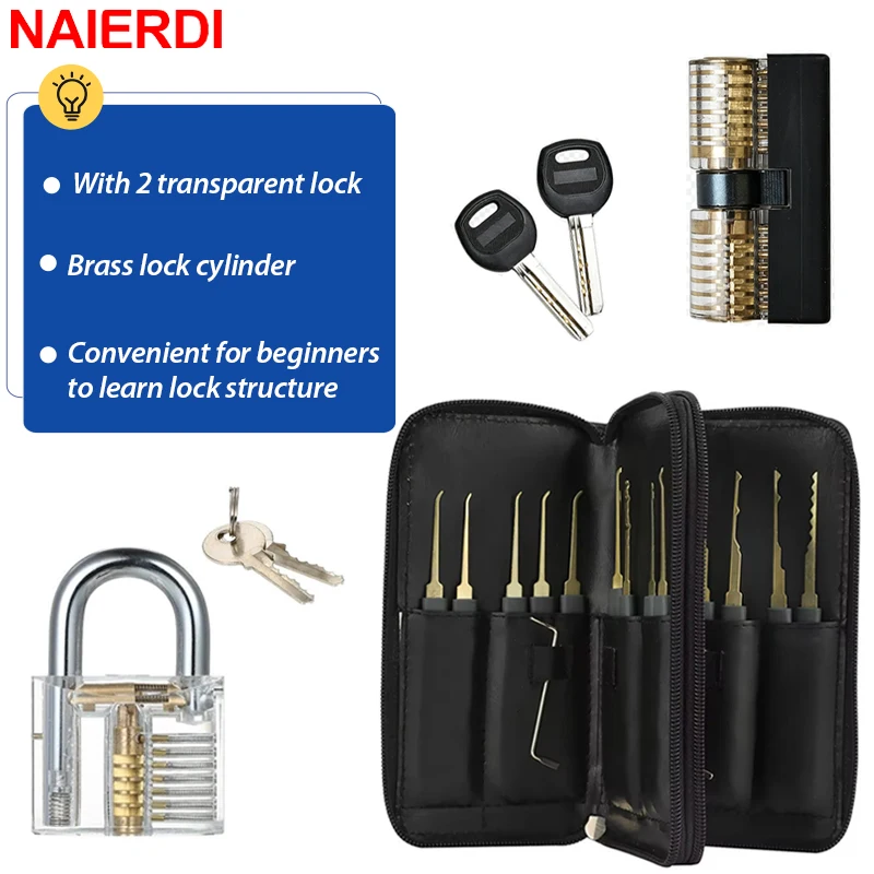 NAIERDI Locksmith Tools Kit Stainless Steel Lock Maintenance Tools Set Portable Precision Hook Tools Transparent Practice Lock