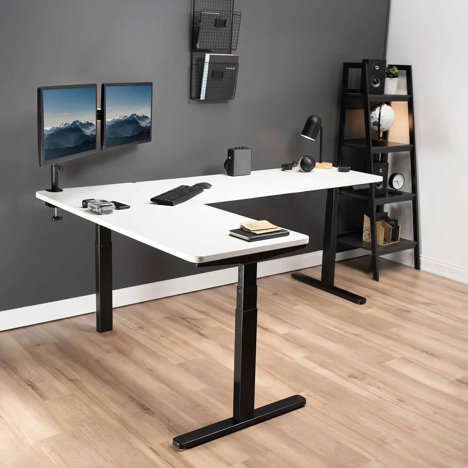 Electric Height Adjustable 83 x 60 inch Corner Stand Up Desk 2 White Solid Table Tops Black Frame L-Shaped Workstation