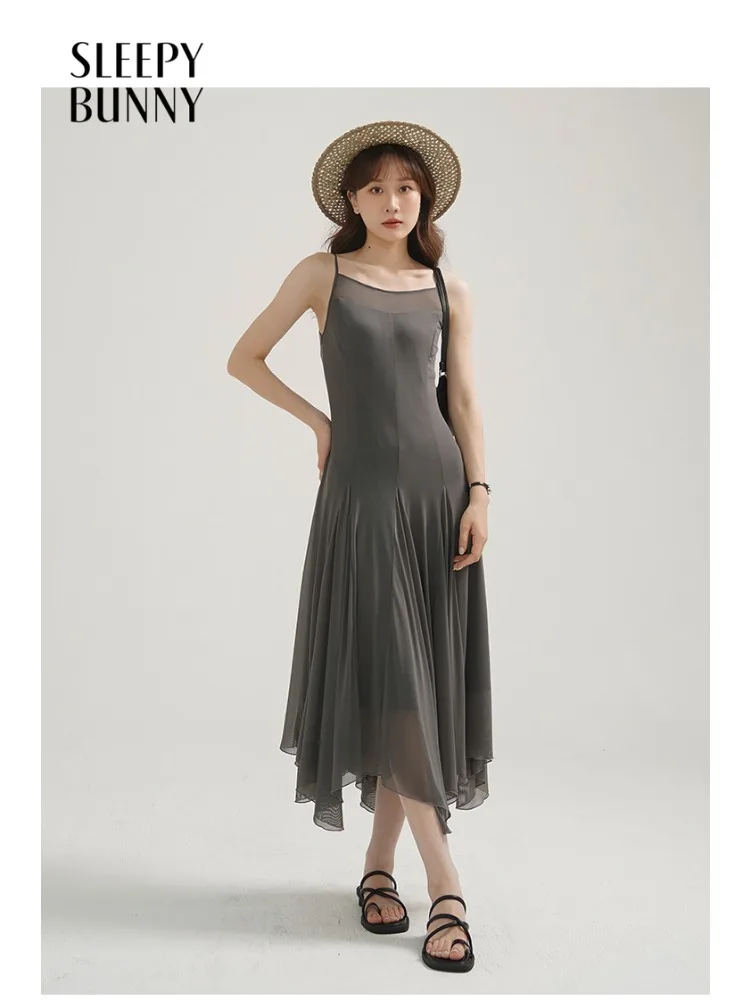 

Slim Grey Slip Dress Women Elegant Fitted Spaghetti Strap Long Dress Lady Soft Flowing Hem Chic Minimalist Casual Daily Outfits