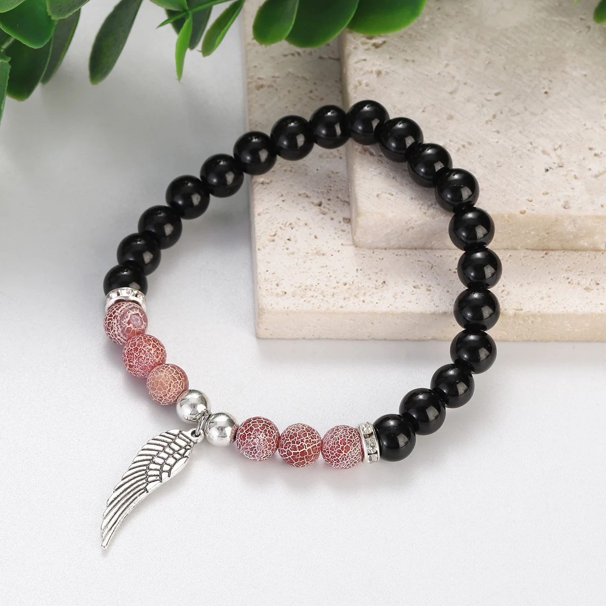 Fashion 8mm Natural Obsidian Stone Bracelet Homme Silver Color Wing Pendant Strand Bracelets Women Yoga Jewelry Original Bangles