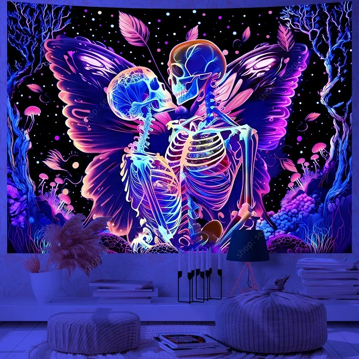 Psychedelic Skull UV Reactive Tapestry Hippie Skeleton Tapestry Wall Hanging Gothic Home Decor Room Decor Witchcraft Supplies