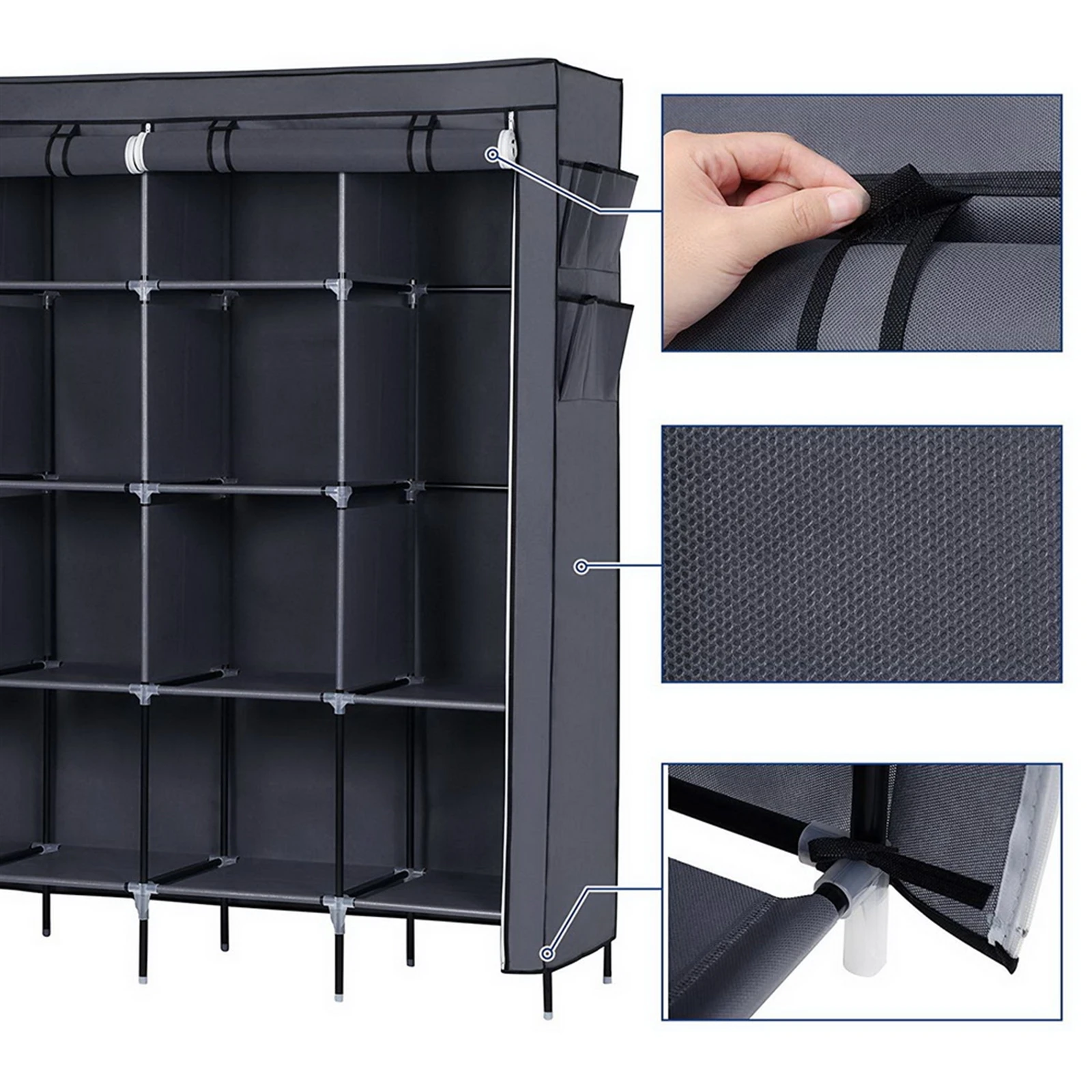 

67" Clothes Closet Portable Wardrobe Clothes Storage Rack 12 Shelves 4 Side Pockets Gray