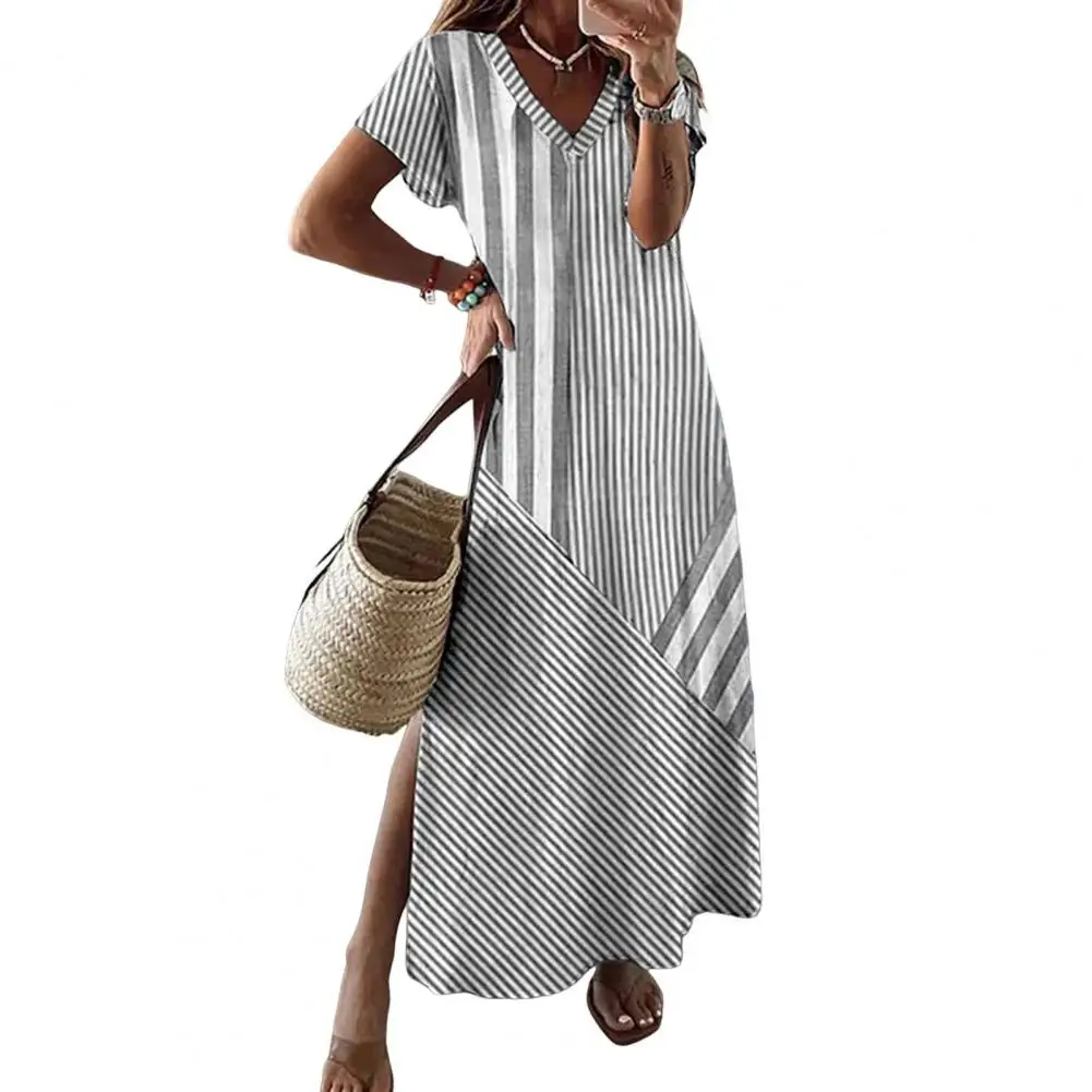 

V-neck Short Sleeve Maxi Dress Striped Print V Neck Maxi Dress for Summer Beach Vacation A-line Loose Fit with Side Split Short