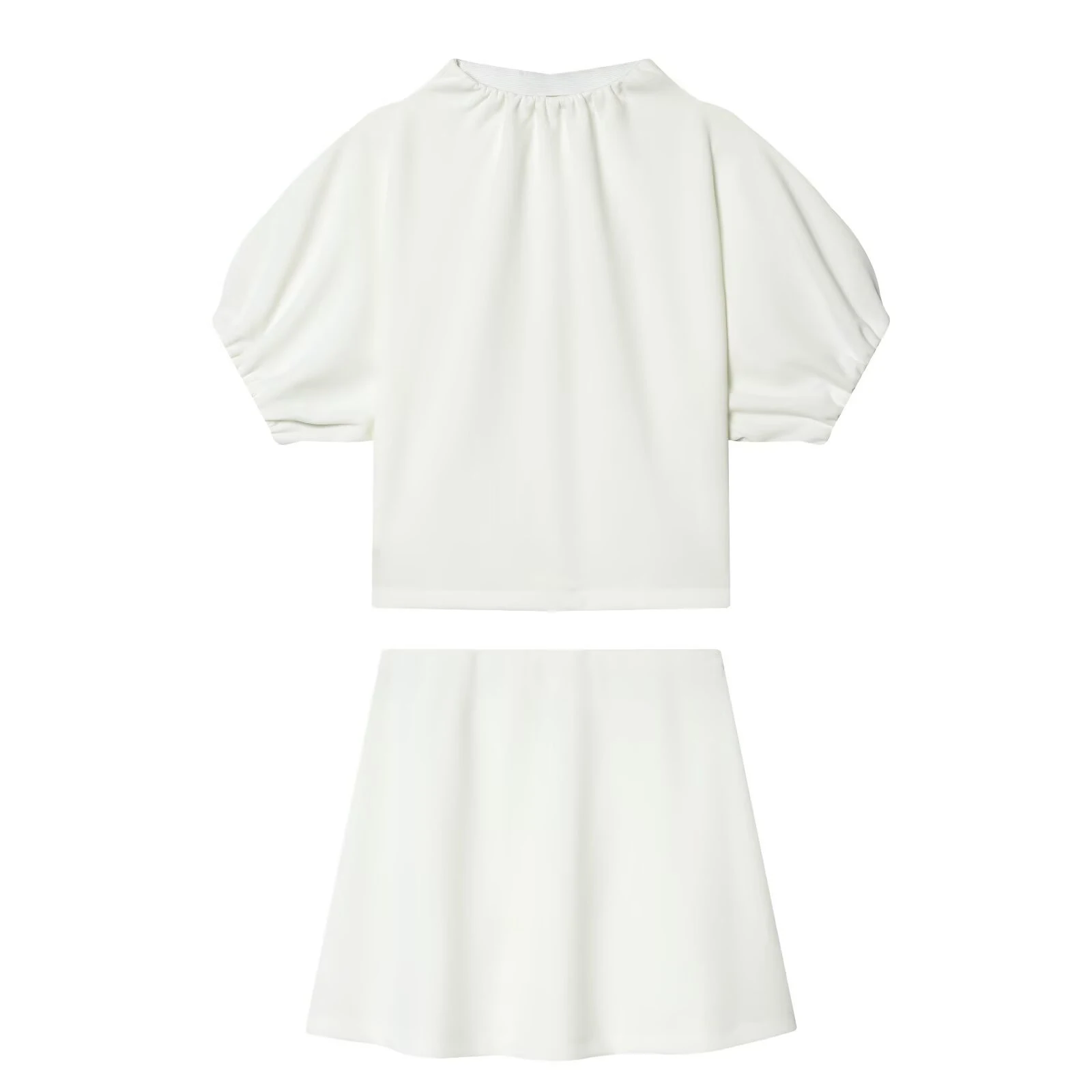 

Summer women's new round neck fashionable bubble short sleeved pleated top elastic waist mini skirt set