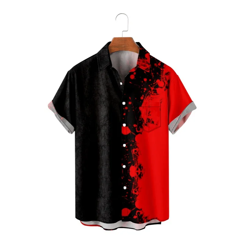 Casual Lapel Black And Red Print Patchwork Button Shirt Summer Men\'s Short-sleeved Hawaiian Shirt