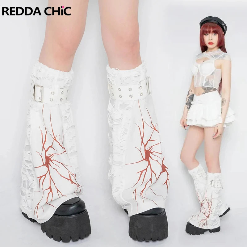 

ReddaChic 90s Ripped Holes White Leg Warmers Women Leather Belt Boots Cover Blood Crackle Knee Long Socks Grayu Y2k Streetwear