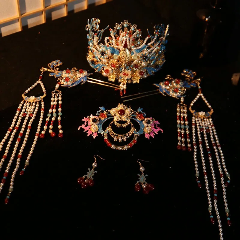Ancient Tang Ming Dynasty Phoenix Hairpin Set Classical Hair Ornament Pearl Crown Hair Stick Chinese Hanfu Accessory Gift Women