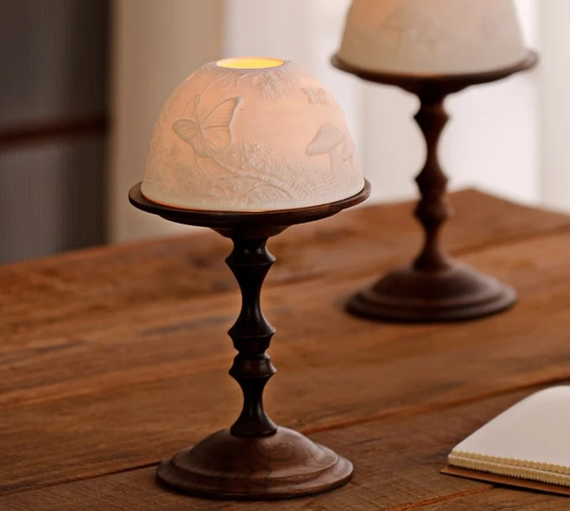 

Retro North American walnut candle holder with bone translucent cover decorative scented candle romantic sideboard decoration.