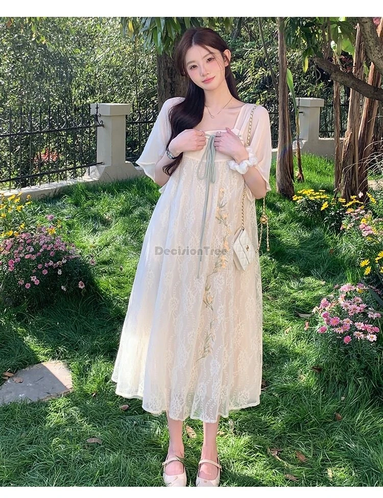 

2024 new chinese style improved han element dress sweet princess vintage fairy embroidery hanfu simple casual daily zen garment