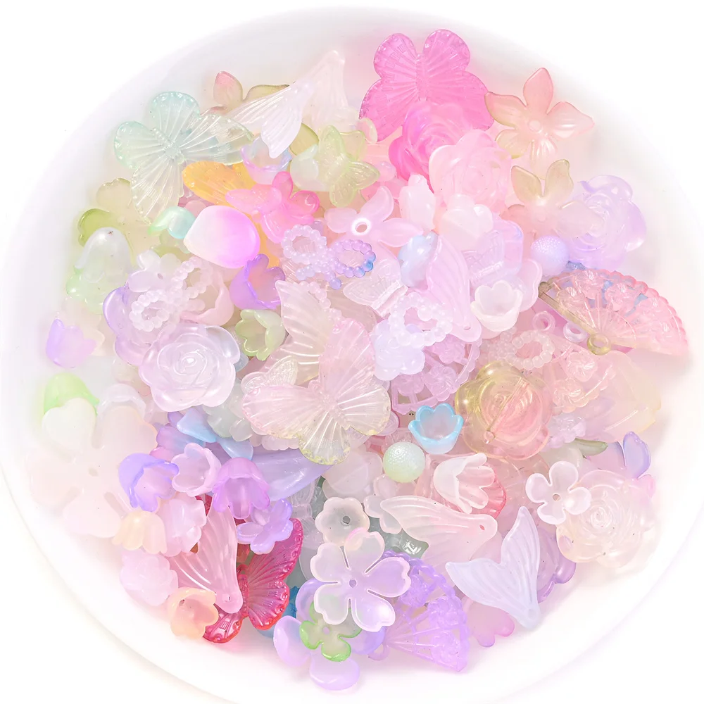30g/Set Gemischte Acryl-Perlen mit Regenbogen-Farbverlauf, Rosen-, Schmetterlings- und Blätter-Anhänger für Handyketten, Halsketten und Schmuckherstellung. – Detail 6