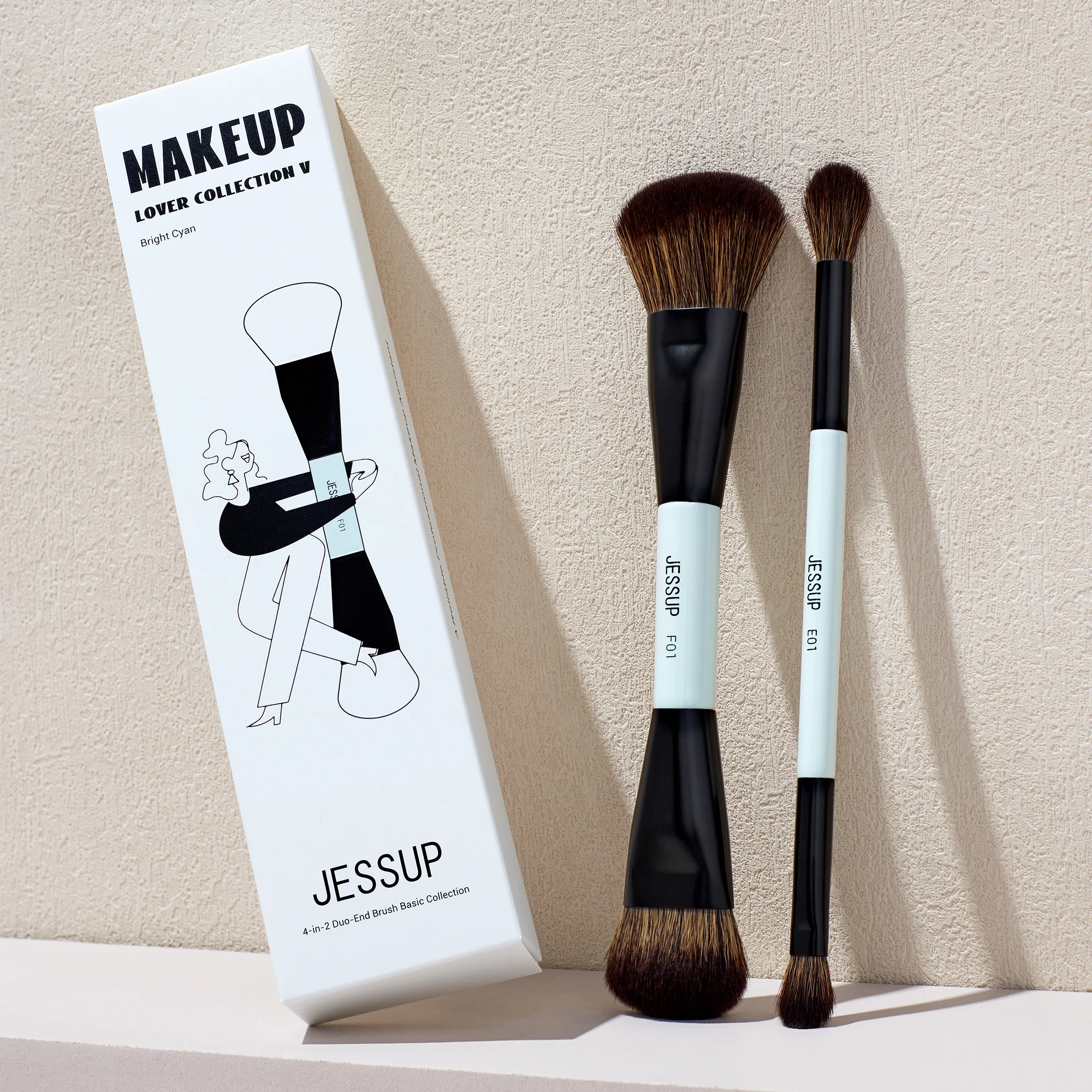 Jessup Makeup Brushes 2pcs,Double Sided Foundation Brush Contour Dual Ended Eye Blending Brush,Multi-functional,Bright Cyan T502