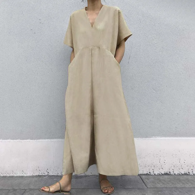 

Loose Large Size Short Sleeve Linen Dress Women's 2020 Summer Pure Color V-neck Ultra-long Floor-length Gown High Waist