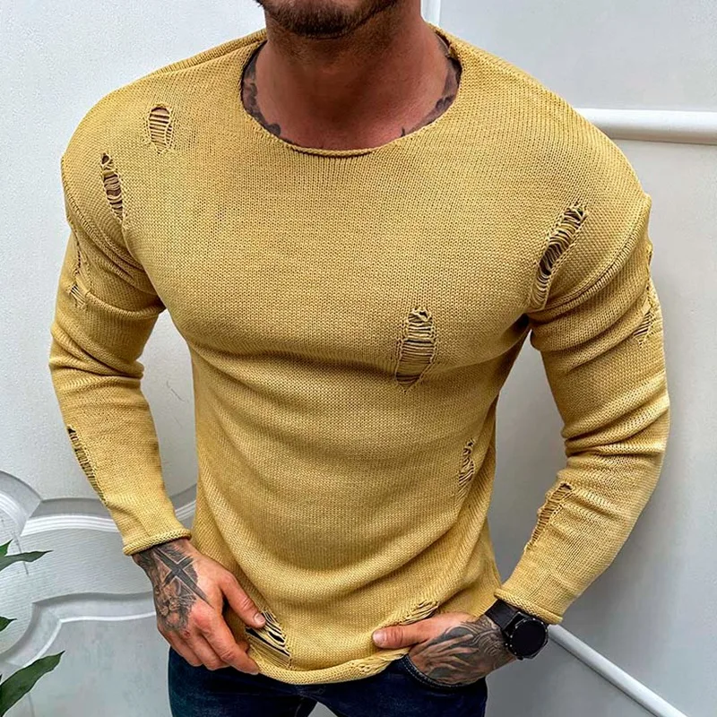 European American men's summer luxury fashion new perforated knitted sweater with round neck long sleeves thin base shirt top