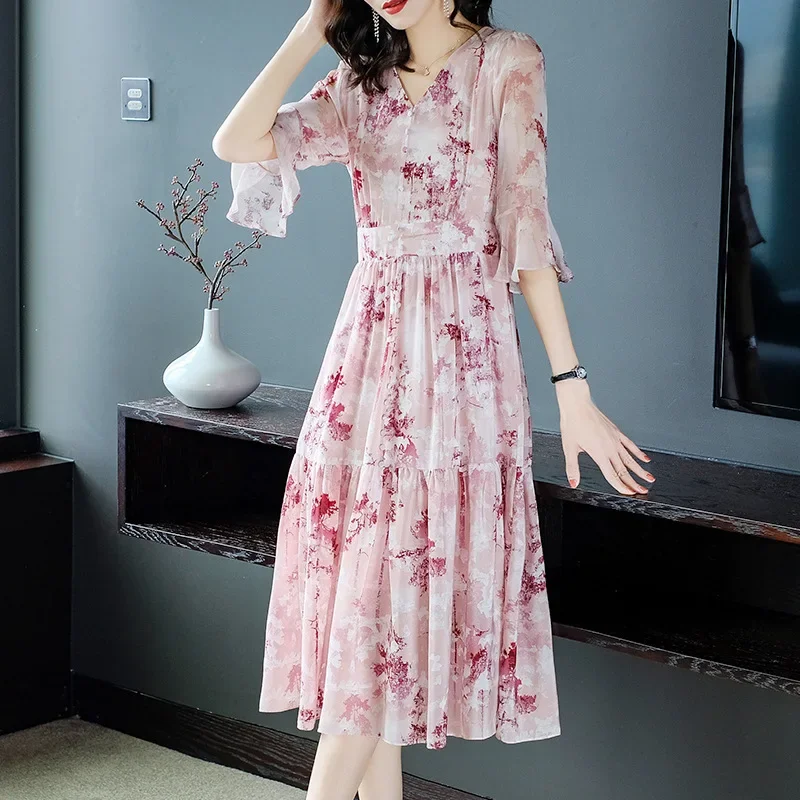 100% Mulberry Silk Summer Dresses Ladies 2024 High Quality Women Clothing Print Pullover High Waist Elegant Dress For Mom Xhl160